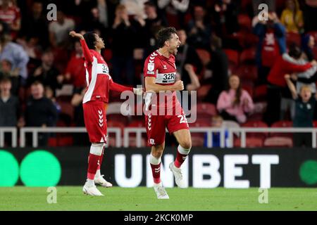 Matt Crooks de Middlesbrough célèbre son deuxième but lors du match du championnat Sky Bet entre Middlesbrough et Queens Park Rangers au stade Riverside, à Middlesbrough, le mercredi 18th août 2021. (Photo de Mark Fletcher/MI News/NurPhoto) Banque D'Images