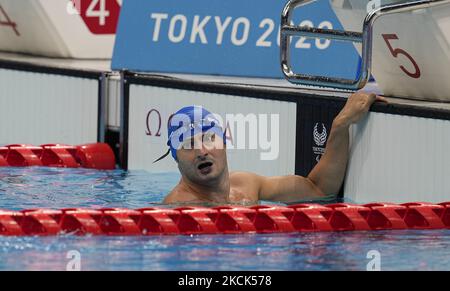 Francesco Bocciardo, d'Italie, a gagné l'or lors de la natation au Tokyo Paraolympics, centre aquatique de Tokyo, Tokyo, Japon sur 25 août 2021. (Photo par Ulrik Pedersen/NurPhoto) Banque D'Images