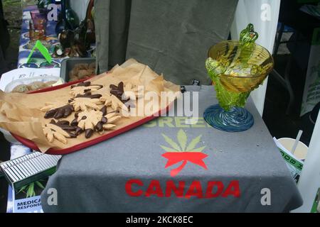 Des biscuits et autres produits de boulangerie enrobés de cannabis enrobés de chocolat sont exposés au kiosque « Canada vert » lors d'un rassemblement de légalisation de la marijuana à Toronto, Ontario, Canada, on 05 mai 2010. (Photo de Creative Touch Imaging Ltd./NurPhoto) Banque D'Images