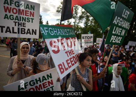 Des membres de la diaspora afghane locale, des activistes et des partisans locaux vus devant l'édifice de l'Assemblée législative de l'Alberta pendant l'ARRÊT DE LA MORT DES AFGHANS! Manifestation organisée aujourd'hui par le mouvement mondial pour la paix en Afghanistan. Samedi, 28 août 2021, à Edmonton, Alberta, Canada. (Photo par Artur Widak/NurPhoto) Banque D'Images