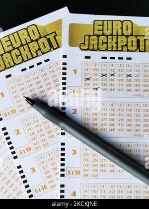 Gros plan des billets de loterie Eurojackpot. Cracovie, Pologne sur 31 août 2021. (Photo de Beata Zawrzel/NurPhoto) Banque D'Images