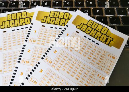 Gros plan des billets de loterie Eurojackpot. Cracovie, Pologne sur 31 août 2021. (Photo de Beata Zawrzel/NurPhoto) Banque D'Images