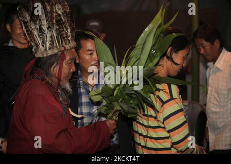 Un Lepcha Bomthing (prêtre Lepcha) de 90 ans, portant un chapeau à plumes, chante des prières et utilise des feuilles pour bénir une jeune fille du village lors d'une cérémonie de sacrifice d'animaux pour apaiser les mauvais esprits dans un petit village profond dans la jungle à Sikkim, en Inde, sur 05 juin 2010. Beaucoup de villageois sont morts sans aliments, donc les villages de Lepcha ont envoyé pour la Bomthing pour se débarrasser des mauvais esprits causant la mort dans le village. Cette cérémonie aurait pour but de protéger le village pendant 180 ans après sa préformation. (Photo de Creative Touch Imaging Ltd./NurPhoto) Banque D'Images