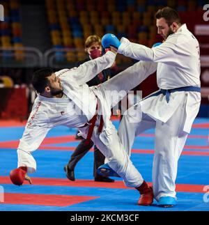 HAZEM AHMED MOHAMED (Rouge) de Team Egypt concurrence IHOR LAHUNOV de Team UKRAINE pendant la Karate masculine Kumite 84+ KG pendant la deuxième journée de Carate1 Premier League - le Caire 2021 à Crystal Hall sur 3 septembre 2021 au Caire, Egypte (photo par Ayman Aref/NurPhoto) Banque D'Images