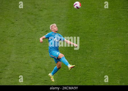 Andrey Mostovoy de Zenit en action pendant le match de la première Ligue russe entre le FC Zenit Saint-Pétersbourg et le FC Akhmat Grozny sur 11 septembre 2021 à l'arène Gazprom à Saint-Pétersbourg, en Russie. (Photo de Mike Kireev/NurPhoto) Banque D'Images