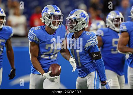 Le cornerback des Detroit Lions, Ifeatu Melifonwu (26), célèbre après une partie de football de la NFL entre les Detroit Lions et le San Francisco 49ers à Detroit, Michigan, États-Unis, dimanche, 12 septembre 2021. (Photo par Amy Lemus/NurPhoto) Banque D'Images