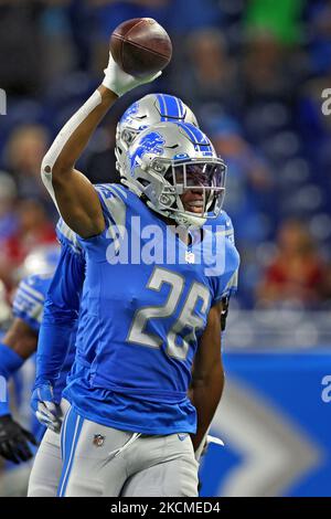 Le cornerback des Detroit Lions, Ifeatu Melifonwu (26), célèbre après une partie de football de la NFL entre les Detroit Lions et le San Francisco 49ers à Detroit, Michigan, États-Unis, dimanche, 12 septembre 2021. (Photo par Amy Lemus/NurPhoto) Banque D'Images