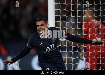 Mauro Icardi du PSG célèbre son premier but lors du match de la Ligue 1 Uber Eats entre Paris Saint Germain et Lyon au Parc des Princes sur 19 septembre 2021 à Paris, France. (Photo de Jose Breton/Pics action/NurPhoto) Banque D'Images