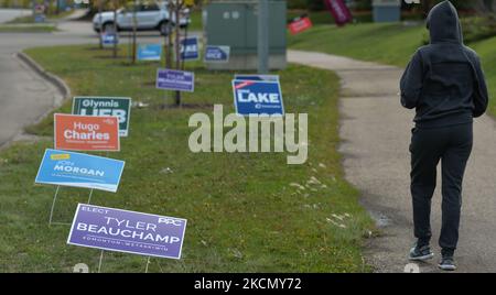Une personne passe devant les panneaux d'élection le long du chemin Ellerslie à Edmonton. Dimanche, 19 septembre 2021, à Edmonton, en Alberta, Canada. (Photo par Artur Widak/NurPhoto) Banque D'Images