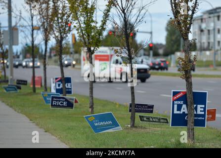 Panneaux d'élection le long du chemin Ellerslie à Edmonton. Dimanche, 19 septembre 2021, à Edmonton, en Alberta, Canada. (Photo par Artur Widak/NurPhoto) Banque D'Images