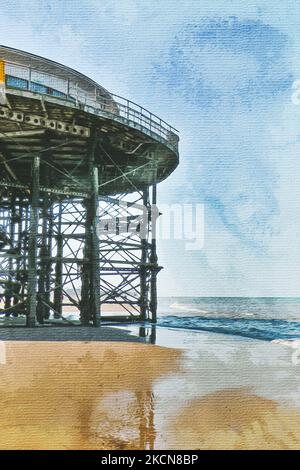 Peinture aquarelle sur toile. Blackpool Angleterre. Illustration de voyage. Banque D'Images