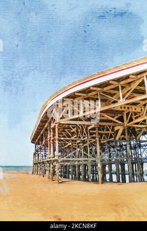 Peinture aquarelle sur toile. Blackpool Angleterre. Illustration de voyage. Banque D'Images