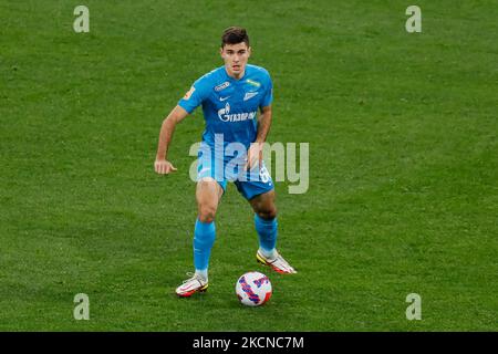 Kirill Kravtsov de Zenit en action pendant le match de la première Ligue russe entre le FC Zenit Saint-Pétersbourg et le PFC Krylia Sovetov Samara sur 25 septembre 2021 à l'arène Gazprom de Saint-Pétersbourg, en Russie. (Photo de Mike Kireev/NurPhoto) Banque D'Images