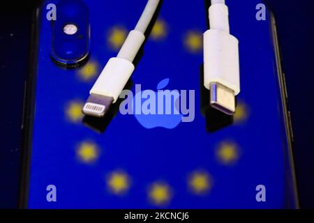 La foudre et les câbles USB-C sont vus avec le drapeau de l'Union européenne sur l'iPhone d'Apple dans cette photo d'illustration prise à Cracovie, Pologne sur 25 septembre 2021. (Photo de Jakub Porzycki/NurPhoto) Banque D'Images