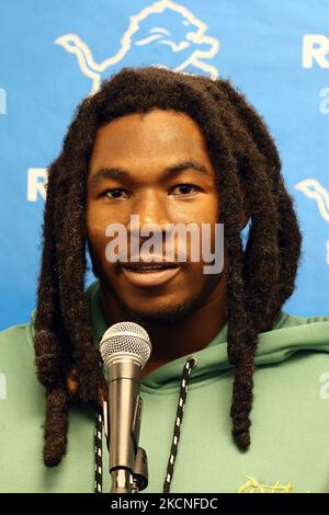 Les Detroit Lions qui ont fait la course de retour Jamaal Williams (30) est interviewé après un match de football de la NFL entre les Detroit Lions et les Baltimore Ravens à Detroit, Michigan, États-Unis, le dimanche, 26 septembre 2021. (Photo par Amy Lemus/NurPhoto) Banque D'Images