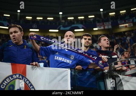 Les supporters de Chelsea lors du match de l'UEFA Champions League entre le Juventus FC et le Chelsea FC au stade Allianz de Turin, le 29 septembre 2021, Italie (photo d'Alberto Gandolfo/NurPhoto) Banque D'Images