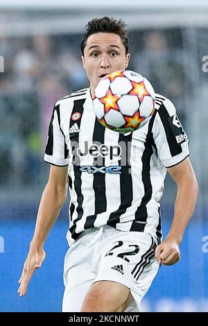 Federico Chiesa du FC Juventus lors du match H de l'UEFA Champions League entre le FC Juventus et le Chelsea FC au stade Allianz, à Turin, en Italie, le 29 septembre 2021. (Photo de Giuseppe Maffia/NurPhoto) Banque D'Images