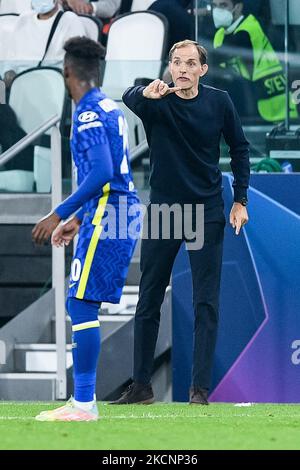 Thomas Tuchel, responsable de Chelsea FC Gestures lors du match H de l'UEFA Champions League entre le FC Juventus et le Chelsea FC au stade Allianz, à Turin, en Italie, le 29 septembre 2021. (Photo de Giuseppe Maffia/NurPhoto) Banque D'Images