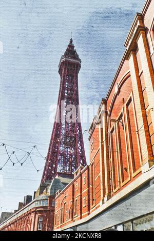 Peinture aquarelle sur toile. Blackpool Angleterre. Illustration de voyage. Banque D'Images