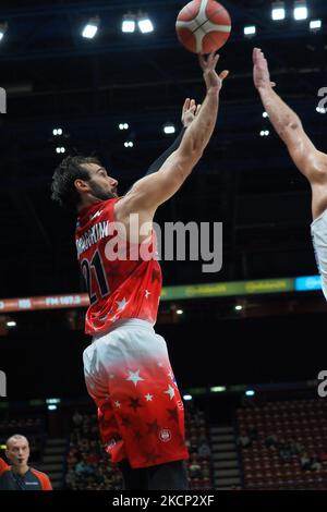 Tournage par Riccardo Moraschini (AX Armani Exchange Olimpia Milano) pendant le championnat italien De basket-ball A Serie Championship A|X Armani Exchange Milano contre Dolomiti Energia Trentino sur 03 octobre 2021 au Forum de Mediolanum à Milan, Italie (photo de Savino Paolella/LiveMedia/NurPhoto) Banque D'Images