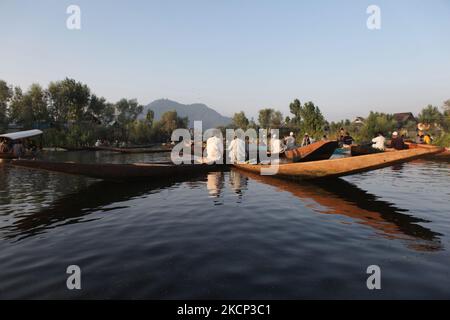 Vendeurs au marché flottant des légumes sur le lac Dal à Srinagar, Cachemire, Inde, 26 juin 2010. (Photo de Creative Touch Imaging Ltd./NurPhoto) Banque D'Images