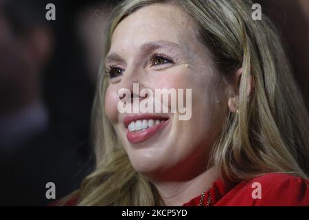 Carrie Johnson, épouse du Premier ministre Boris Johnson, regarde le discours de Johnson le quatrième jour de la Conférence du Parti conservateur à Manchester Central, à Manchester, le mercredi 6th octobre 2021. (Photo par MI News/NurPhoto) Banque D'Images