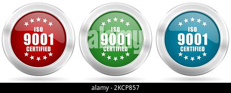 Jeu d'icônes vectorielles ISO 9001. Boutons en toile métallique rouge, bleu et vert argentés avec bordure chromée Illustration de Vecteur