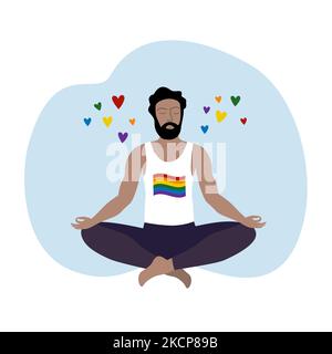 Homme faisant du yoga. Communauté LGBTQ. Gay homme assis en position lotus. Illustration de Vecteur