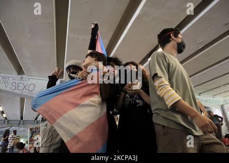 Les membres de la Tianguis Disidente, située dans la Glorieta de los Insurgentes, Mexico, ont organisé une manifestation pacifique à travers la danse connue sous le nom de Vogue ou Voguing, après avoir été victimes de violences homophobes et transphobes les 23 septembre et 5 octobre par des vendeurs de rue dans la région. (Photo de Gerardo Vieyra/NurPhoto) Banque D'Images