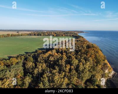 Vue aérienne de la côte et de la plage du golfe de Gdansk (mer Baltique) à Oslonino, Pologne, le 9 octobre 2021 (photo de Michal Fludra/NurPhoto) Banque D'Images