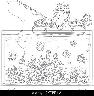 Drôle de pêcheur de chat rayé assis dans un bateau gonflable avec une canne à pêche et de prendre de petits poissons dans un grand aquarium avec des coraux tropicaux Illustration de Vecteur