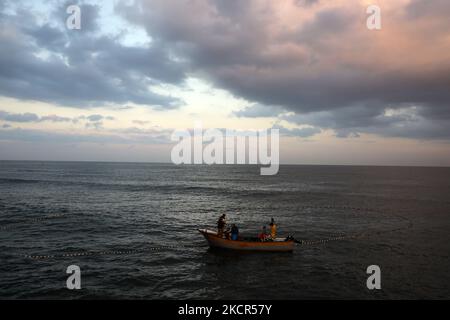 Les pêcheurs palestiniens tirent sur leur filet près de la plage de la ville de Gaza, sur 21 octobre 2021. (Photo de Majdi Fathi/NurPhoto) Banque D'Images