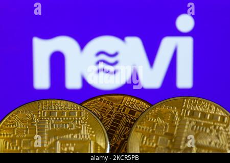 Le logo Novi affiché sur un écran et la représentation des crypto-monnaies sont visibles dans cette photo d'illustration prise à Cracovie, en Pologne, sur 21 octobre 2021. (Photo de Jakub Porzycki/NurPhoto) Banque D'Images