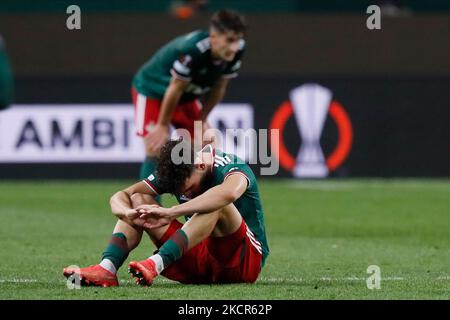 Rifat Zhemaletdinov (devant) de Lokomotiv Moscou réagit après sa défaite lors du match de football du groupe E de l'UEFA Europa League entre le FC Lokomotiv Moscou et Galatasaray SK sur 21 octobre 2021 à l'arène RZD de Moscou, en Russie. (Photo de Mike Kireev/NurPhoto) Banque D'Images