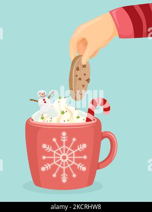 Illustration d'une boisson chaude d'hiver dans une tasse avec bonhomme de neige et Candy Cane, et de la main tenant le chocolat cookie Banque D'Images