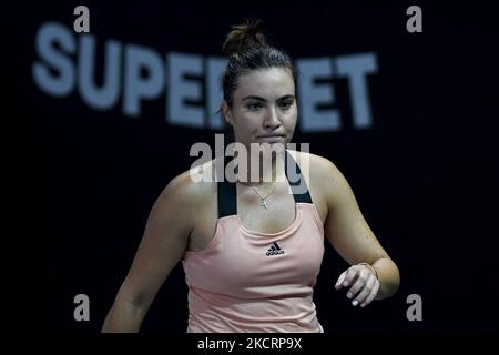 Portrait de Gabriela Ruse en action - célébration après avoir marquant pendant son match contre Simona Halep le cinquième jour de Transylvanie Open: Tournoi WTA 250 tenu à BT Arena, Cluj - Napoca - 28 octobre 2021 (photo de Flaviu Buboi/NurPhoto) Banque D'Images