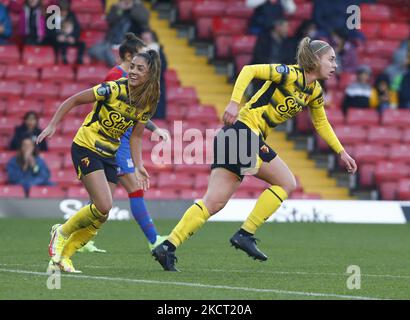 Ylenia Priest de Watford Ladies fête son but lors du match de championnat féminin Barclays FA entre Watford et Crystal Palace au stade Vicarage Road à Watford le 31st octobre 2021 (photo par action Foto Sport/NurPhoto) Banque D'Images