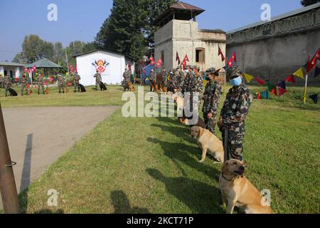 Des officiers de l'armée népalaise se tiennent avec leurs chiens pendant le Kukur Tihar dans le cadre des célébrations du Tihar à l'école de formation des chiens de police de l'armée népalaise à Sano Thimi, à la périphérie de Katmandou, sur 3 novembre 2021. (Photo de Sunil Pradhan/NurPhoto) Banque D'Images