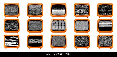 Téléviseur Orange rétro Old Space Age avec différents écrans à effet de bruit statique Banque D'Images