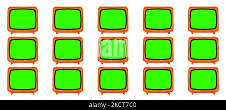 Téléviseur Orange rétro Old Space Age avec écrans Chroma Key Green Banque D'Images