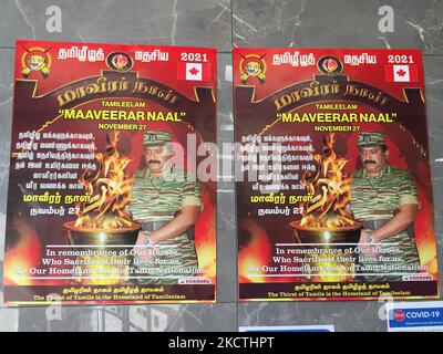 Affiches avec l'image de Velupillai Prabhakaran (chef des Tigres tamouls) vu pour le prochain Eelam tamoul Maaveerar Naal (Journée des héros) à Scarborough, Ontario, Canada, on 07 novembre 2021. La Journée des héros célèbre les membres des LTTE (Tigres de libération de l'Eelam tamoul) qui ont été tués pendant les combats pendant la guerre civile au Sri Lanka. (Photo de Creative Touch Imaging Ltd./NurPhoto)