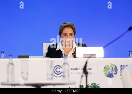 Patricia Espinosa, Secrétaire exécutive de l'UNFCCC parle lors de l'événement de haut niveau de l'action mondiale contre le climat: Course vers un monde meilleur en plénière Cairn Gorm dans le lieu COP26 - Campus de l'événement écossais pendant la douzième journée de la Conférence des Nations Unies sur les changements climatiques COP26, tenue par l'UNFCCC à Glasgow, en Écosse, sur 11 novembre 2021. COP26, de 31 octobre à novembre 12 à Glasgow, est la plus importante conférence sur le climat depuis le sommet de Paris de 2015, car les nations devraient fixer de nouveaux objectifs d'émissions de gaz à effet de serre afin de ralentir le réchauffement climatique et de raffermir d'autres engagements clés. (P Banque D'Images