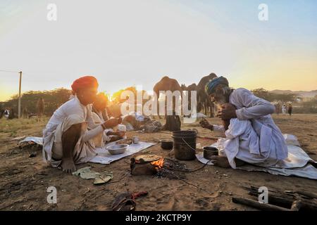 Les marchands de chameaux avec leur bétail pendant la Foire annuelle de Pushkar 2021, à Pushkar, Rajasthan, Inde , novembre 11,2021. (Photo de Vishal Bhatnagar/NurPhoto) Banque D'Images
