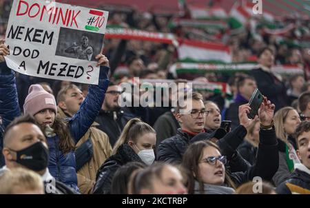 Les fans hongrois après le match de qualification de la coupe du monde 2022 à Puskás Aréna le 12 novembre 2021 à Budapest, Hongrie. (Photo de Robert Szaniszló/NurPhoto) Banque D'Images