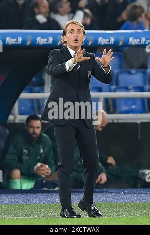 Roberto Mancini entraîneur en chef de l'Italie gestes pendant le match de qualification de coupe du monde 2022 entre l'Italie et la Suisse au Stadio Olimpico, Rome, Italie, le 12 novembre 2021. (Photo de Giuseppe Maffia/NurPhoto) Banque D'Images