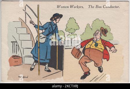 « Les travailleuses. The bus Conductor': Caricature de Frederick George Lewin (1861-1933). L'image en couleur montre une femme debout à l'arrière d'un bus, vêtue d'un uniforme de chefs d'orchestre de la première Guerre mondiale, regardant dans le souci qu'un grand homme court dans une tentative échouée de prendre l'omnibus Banque D'Images