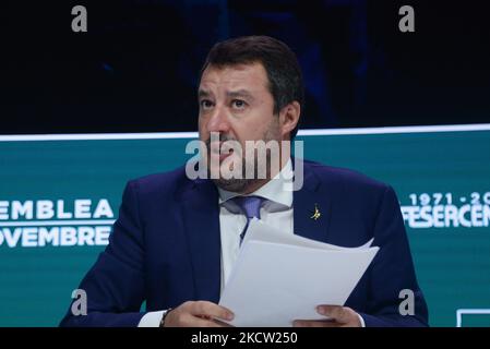 Matteo Salvini pendant les nouvelles l'assemblée de 2021 de Confesercenti, à l'occasion du 50th anniversaire de sa naissance sur 16 novembre 2021 à la Salone delle Fontane, EUR à Rome, Italie (photo de Gloria Imbrogno/LiveMedia/NurPhoto) Banque D'Images