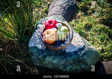 Pommes laissées au sanctuaire païen de Tigh Nam Bodach, ou Tigh Nam Cailliche près du Loch Lyon dans le Perthshire, en Écosse, qui contient des pierres de rivière sacrées Banque D'Images