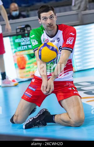 Simone Anzani, Cucine Lube Civitanova pendant le Volleyball Italien Serie A Men SuperLeague Championship Cucine Lube Civitanova vs Consar Ravenna sur 24 novembre 2021 au Forum Eurosuole à Civitanova Marche, Italie (photo de Valeria Lippera/LiveMedia/NurPhoto) Banque D'Images