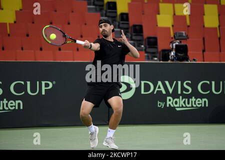 Nicolae Frunza en action pendant la Devi Cup: Roumanie / Pérou jour 1, BT Arena, Cluj-Napoca- 27 novembre 2021 (photo de Flaviu Buboi/NurPhoto) Banque D'Images